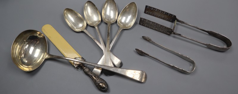 A set of three George III silver Old English pattern feather edge tablespoons by Hester Bateman, London, 1784 & other flatware.